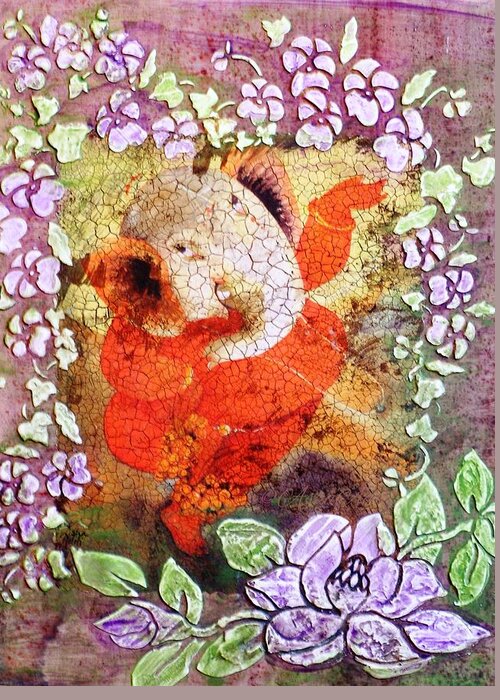 Dancing Pose Of Ganesha Greeting Card featuring the painting Ganesh in Dancing pose with Floral backdrop. by Asha Aditi Ruparelia