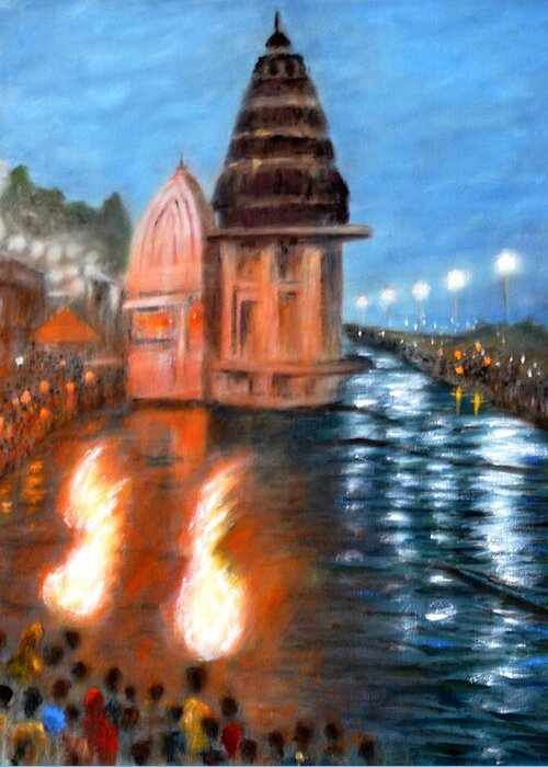 Ganga Aarti Greeting Card featuring the painting Ganga Aarti at Haridwar by Uma Krishnamoorthy