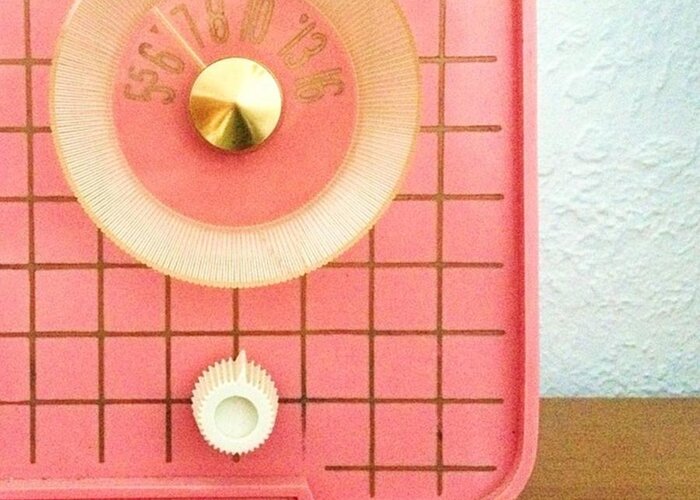 Retro Greeting Card featuring the photograph Garage Sale Find...a 60s Pink Radio! by Blenda Studio