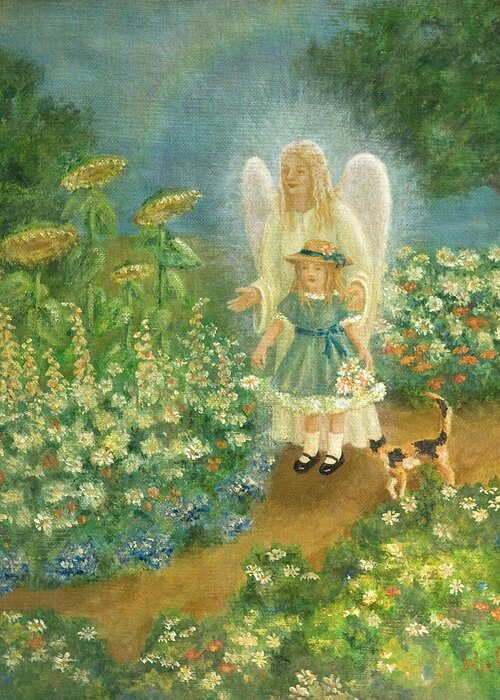 Angel Greeting Card featuring the painting Garden Angel by Bernadette Wulf