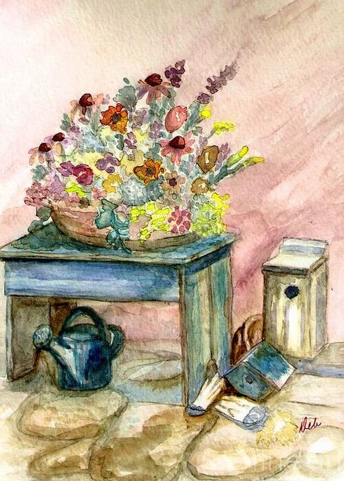 Gardening Greeting Card featuring the painting Garden Bench by Deb Stroh-Larson