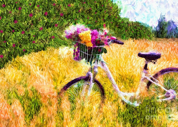 Bicycle Greeting Card featuring the painting Garden Bicycle Print by Tina LeCour