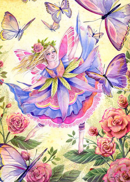 Ballet Garden Fairy Dancing Butterflies Roses Watercolor Illustration Fantasy Fairytale Girl Pink Purple Blue Green Greeting Card featuring the painting Garden Dancer by Sara Burrier