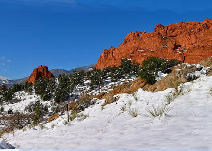 Garden Of The Cogs Greeting Card featuring the photograph Garden Of The Gods Spring Snow by Adam Jewell