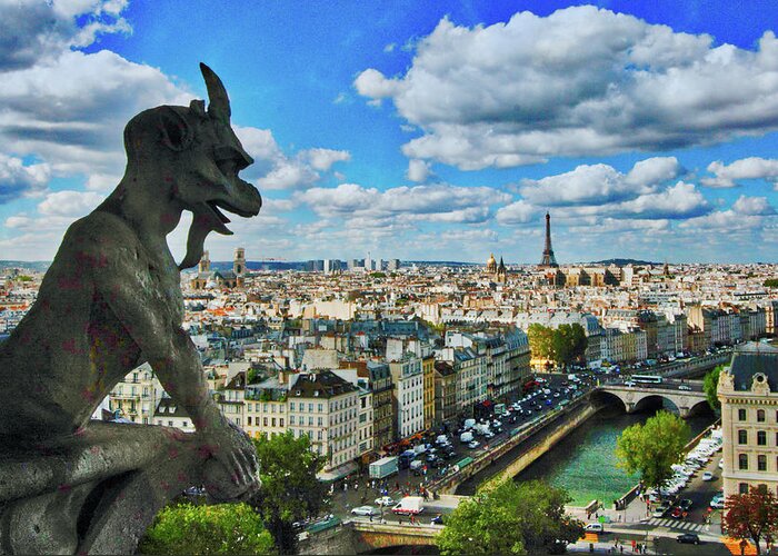Paris Greeting Card featuring the photograph Gargoyle with a View by Kevin Schwalbe