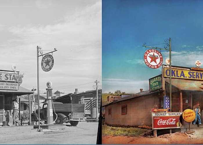Color Greeting Card featuring the photograph Gas Station - Oklahoma Service Station 1939 - Side by Side by Mike Savad