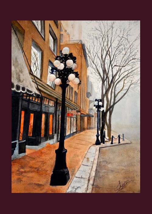 Street Scene Greeting Card featuring the painting Gastown, Vancouver by Sher Nasser