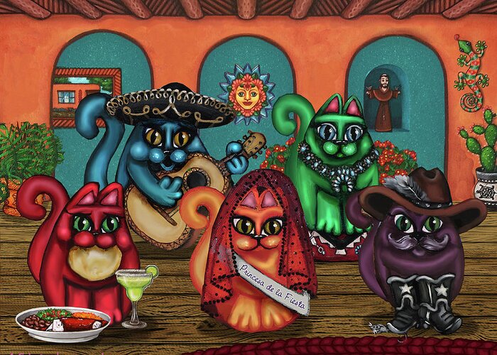 Hispanic Art Greeting Card featuring the painting Gatos de Santa Fe by Victoria De Almeida