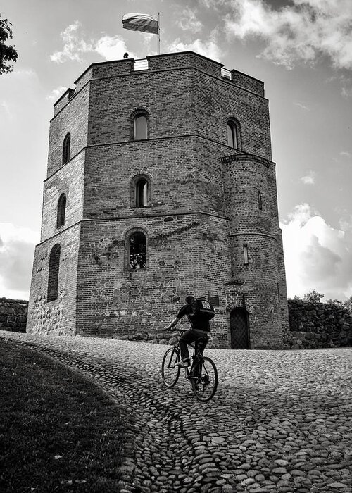 Gediminas Greeting Card featuring the photograph Gediminas Tower and Bicycler Lithuania by Mary Lee Dereske