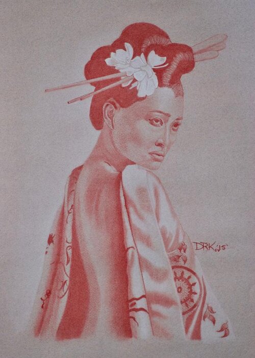 Geisha; Pastel Pencil; Drawing; Art; Artwork Greeting Card featuring the drawing Geisha by Edward Kovalsky