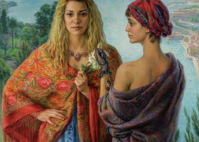  Portraits Of Twin Sisters Greeting Card featuring the painting Gemelli by Serguei Zlenko