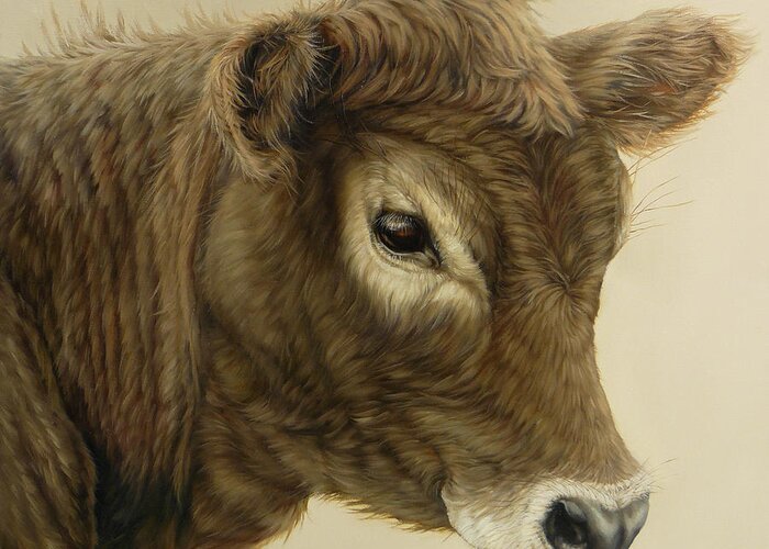 Cows Greeting Card featuring the painting Gentle Swiss Calf by Margaret Stockdale