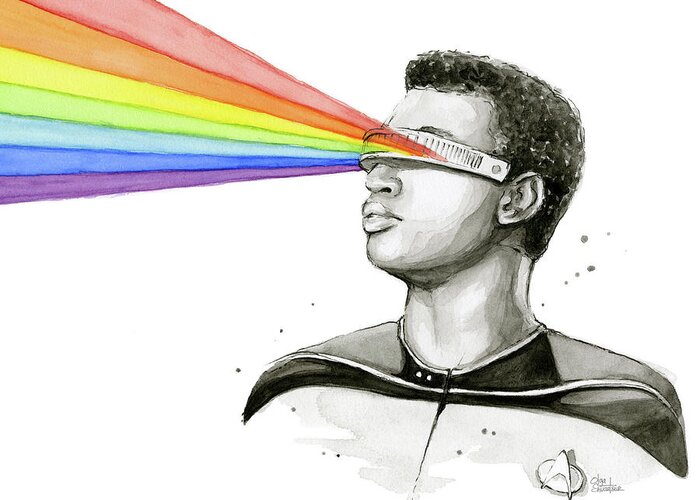 Star Trek Greeting Card featuring the painting Geordi Sees the Rainbow by Olga Shvartsur