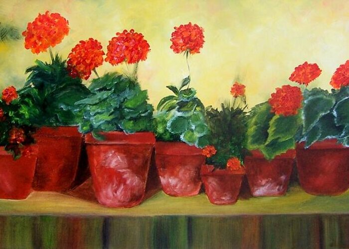 Geraniums Greeting Card featuring the painting Geraniums in a Row-- SOLD by Susan Dehlinger