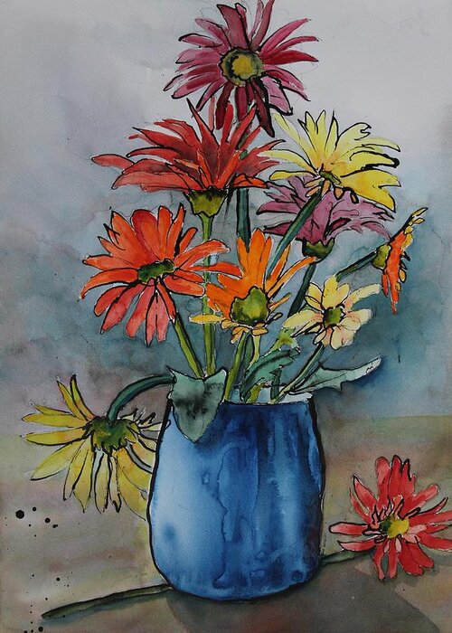 Flowers Greeting Card featuring the painting Gerberas in a Blue Pot by Ruth Kamenev