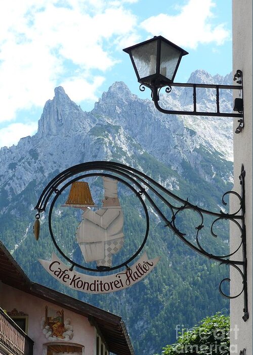 Bavarian Alps Greeting Card featuring the photograph Germany - Cafe Sign by Carol Groenen
