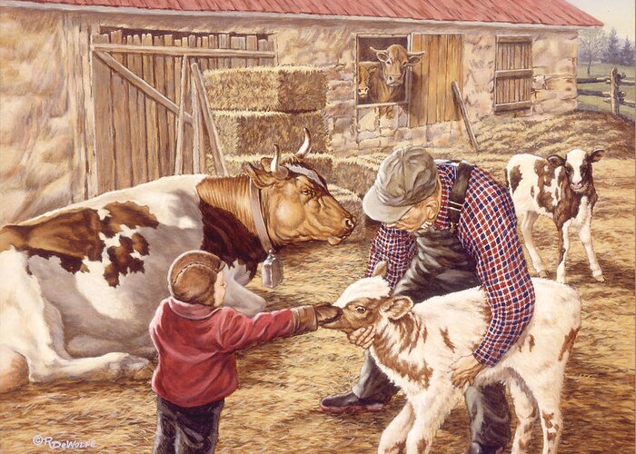 Farm Greeting Card featuring the painting Getting Acquainted by Richard De Wolfe