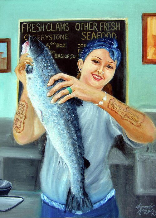 Gina Fish Monger Greeting Card featuring the painting Gina's Fresh Catch by Leonardo Ruggieri