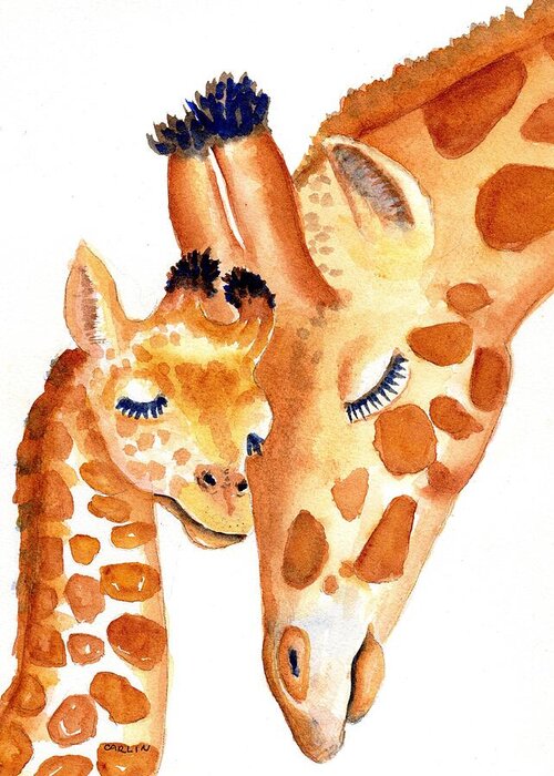 Giraffe Greeting Card featuring the painting Giraffe Baby and Mother Zen by Carlin Blahnik CarlinArtWatercolor