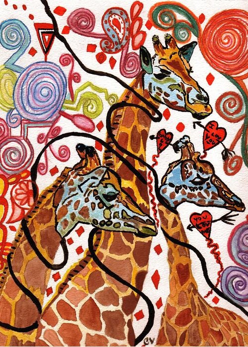 Giraffes Painting Greeting Card featuring the painting Giraffe Birthday Party by Connie Valasco