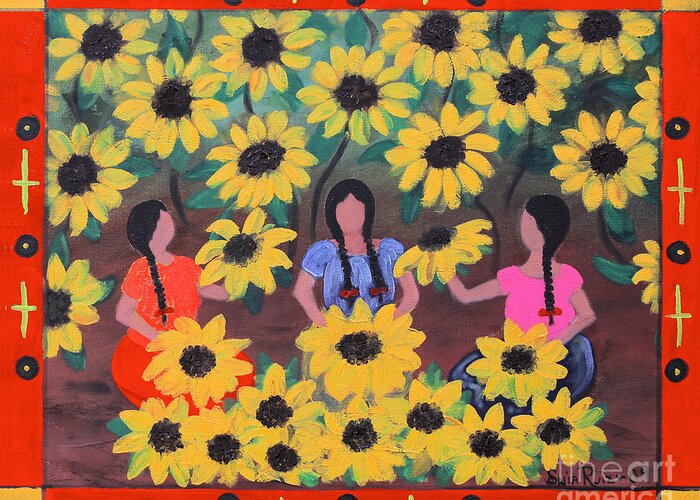 Mexican Art Greeting Card featuring the painting Girasoles by Sonia Flores Ruiz