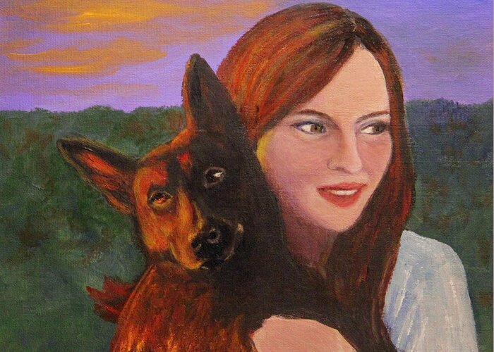 Pets Greeting Card featuring the painting Girl and Her Dog by Janet Greer Sammons