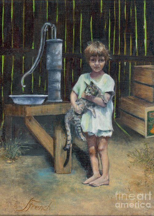 Painting Greeting Card featuring the painting Girl and Kitty by Jeanette French