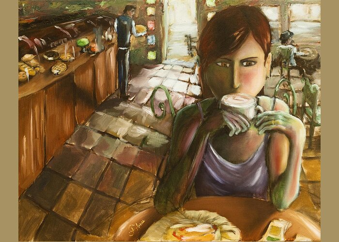 Cafe Greeting Card featuring the painting Girl at the Cafe by Carlos Flores