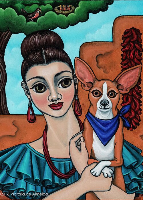 Chihuahua Art Greeting Card featuring the painting Girl Holding Chihuahua Art Dog Painting by Victoria De Almeida