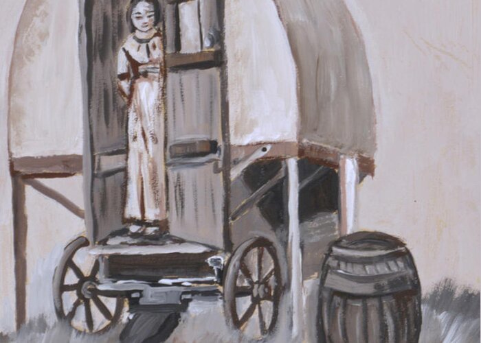 Western Greeting Card featuring the painting Girl in Sheep Wagon Historical Vignette by Dawn Senior-Trask