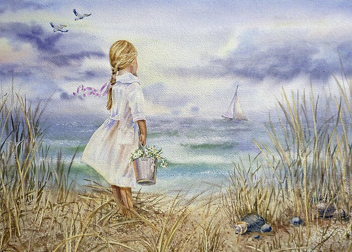 Girl Greeting Card featuring the painting Girl And Ocean Watercolor by Irina Sztukowski