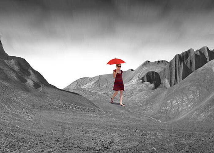 Surrealism Greeting Card featuring the photograph Girl with a Red Umbrella 2 by Mike McGlothlen