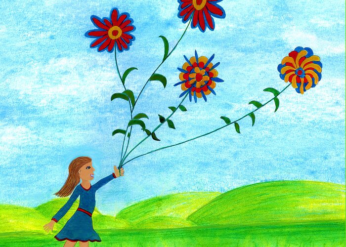 Landscape Greeting Card featuring the digital art Girl With Flowers by Christina Wedberg