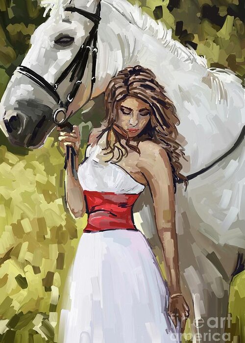 Girl With White Horse Greeting Card featuring the painting Girl With White Horse by Tim Gilliland
