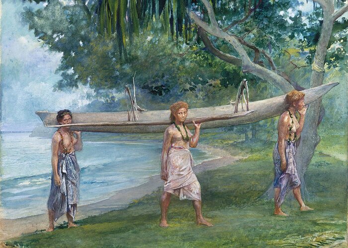 John Lafarge Greeting Card featuring the painting Girls Carrying a Canoe. Vaiala in Samoa by John LaFarge