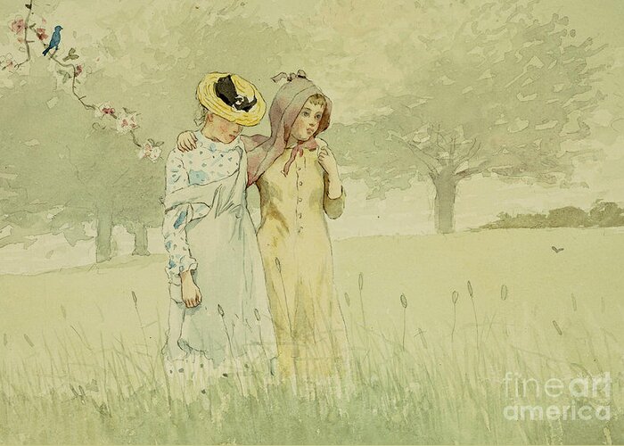 Girls Strolling In An Orchard Greeting Card featuring the painting Girls strolling in an Orchard by Winslow Homer