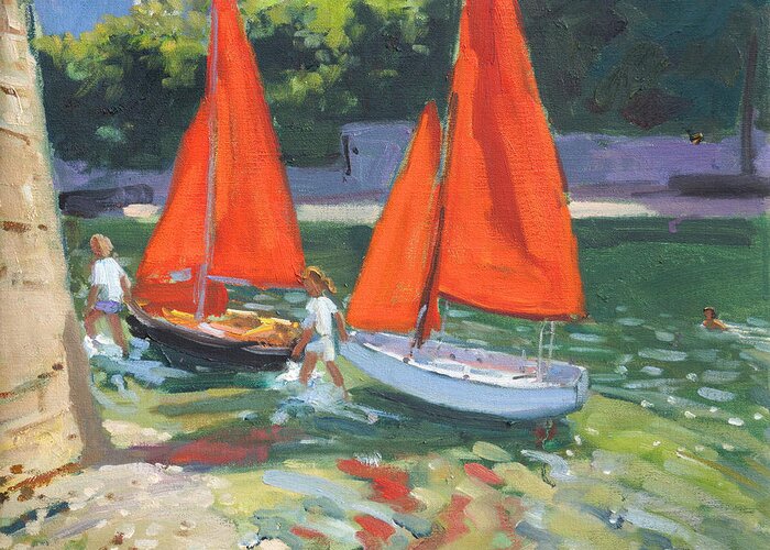 Sail Greeting Card featuring the painting Girls with sail boats Looe by Andrew Macara