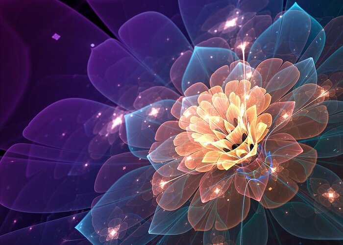 Glowing Greeting Card featuring the digital art Glowing fractal flower by Lilia S