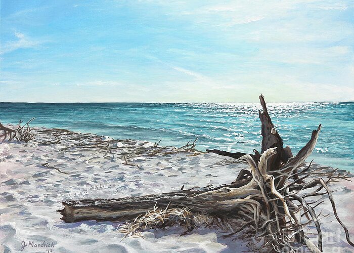 Seascape Greeting Card featuring the painting Gnarled Drift Wood by Joe Mandrick