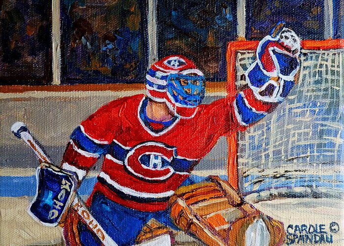 Hockey Greeting Card featuring the painting Goalie Makes The Save Stanley Cup Playoffs by Carole Spandau