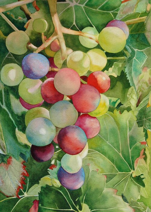 Grapes On Vine Greeting Card featuring the painting Going For Grapeness by Diane Fujimoto