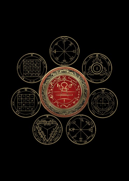 'sacred Symbols' Collection By Serge Averbukh Greeting Card featuring the digital art Gold Seal of Solomon over Seven Pentacles of Saturn on Black Canvas by Serge Averbukh