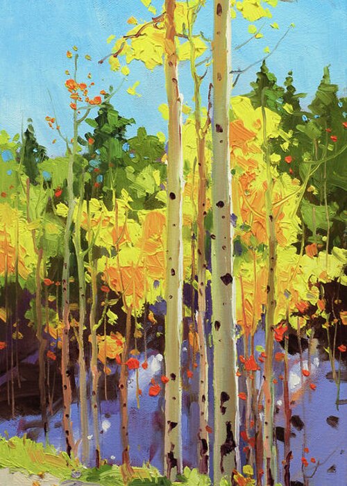 Autumn Aspen Forest Covered In Early Snow Southwestern Rocky Mountain Orange Leaves White Sliver Bark Aspen Trunks Wildflowers Foreground Along Grasses Aspen Trees Golden Yellow Vibrant Colorful Autumn Tree Foliage Giclee Print Landscape Wildflower Elk Mountains Maroon Peak Forest Nature Woods Flowers Trees Summer Spring Flowers Tree Canopy Vibrant Vivid Colorful Colourful Gary Kim Fineart Original Oil Painting Landscape Oil Painting Contemporary Greeting Card featuring the painting Golden Aspen in early snow by Gary Kim