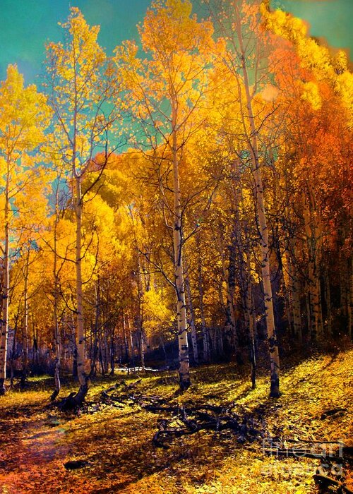 Golden Aspens Uncompahgre Plateau Colorado Greeting Card featuring the digital art Golden Aspens by Annie Gibbons