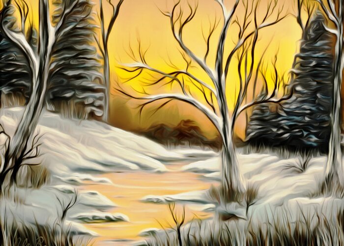 Winter Greeting Card featuring the painting Golden Birch By Crystal Creek Winter Mirage by Claude Beaulac