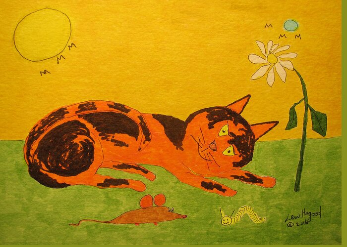 Hagood Greeting Card featuring the painting Golden cat reclining by Lew Hagood