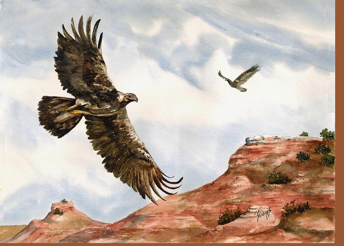 Eagle Greeting Card featuring the painting Golden Eagles in Fligh by Sam Sidders