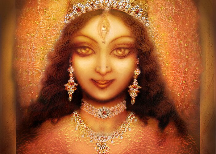 Goddess Greeting Card featuring the mixed media Golden Goddess Durga by Ananda Vdovic