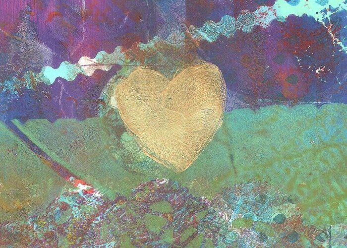 Whimsical Greeting Card featuring the painting Golden Heart Monoprint by Cynthia Westbrook