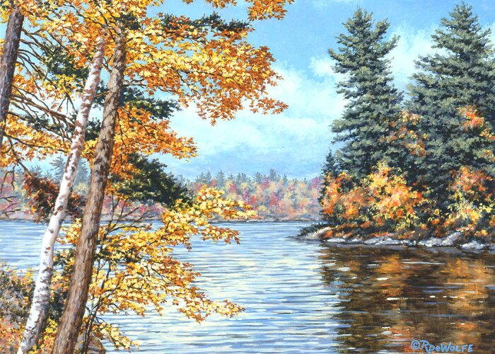 Autumn Greeting Card featuring the painting Golden Lake by Richard De Wolfe
